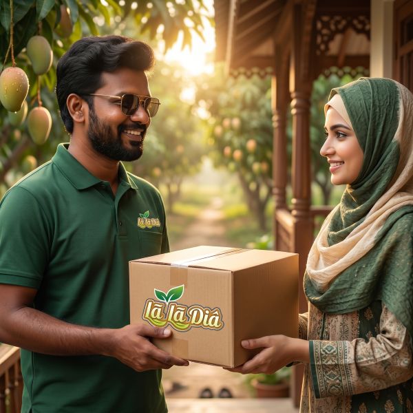Delivery personnel handing over a mango box