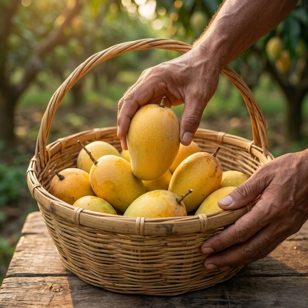 Freshly harvested mangoes in a crate