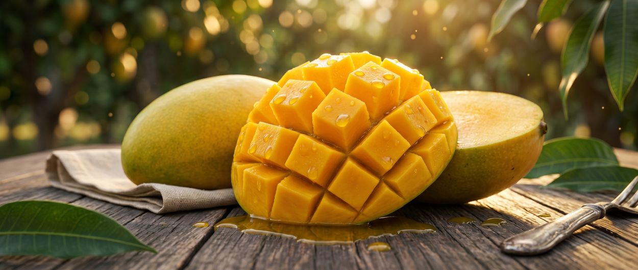 Close up of a beautifully sliced juicy mango